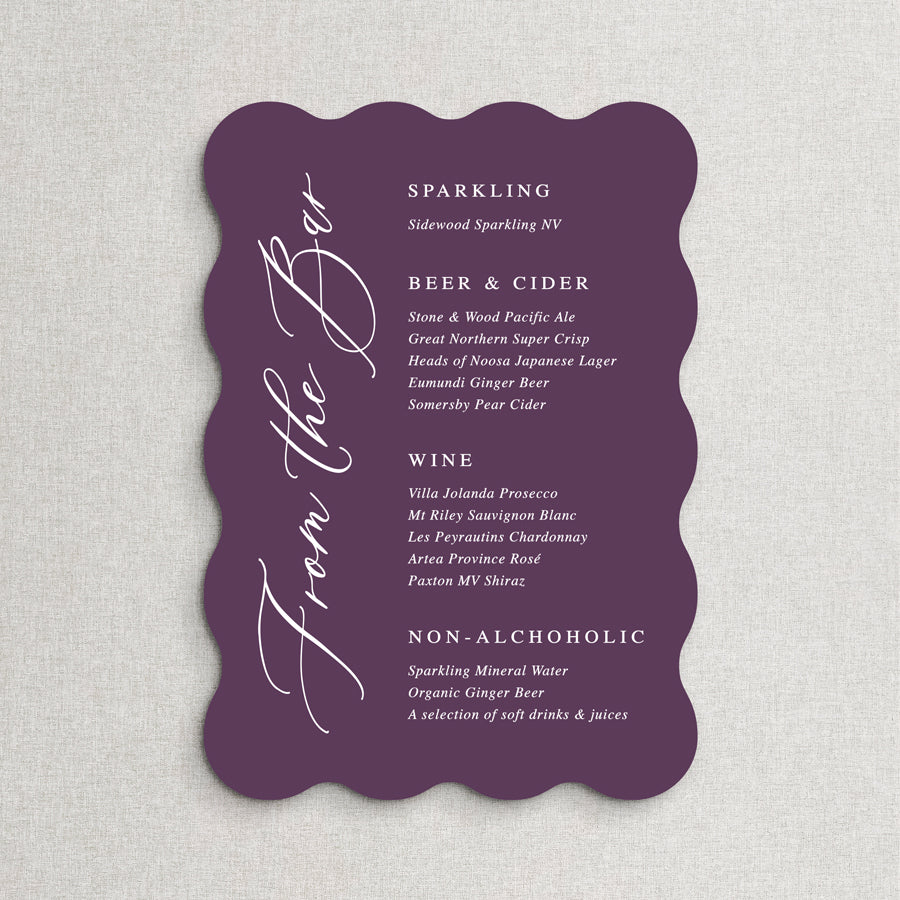 Wedding bar or drinks sign in almond and mauve colours. Wavy wiggle shape board or acrylic. Printed in Australia.