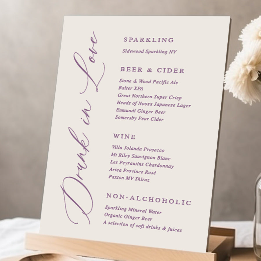 Wedding bar or drinks sign in almond and mauve colours. Drunk in love. Printed in Australia.