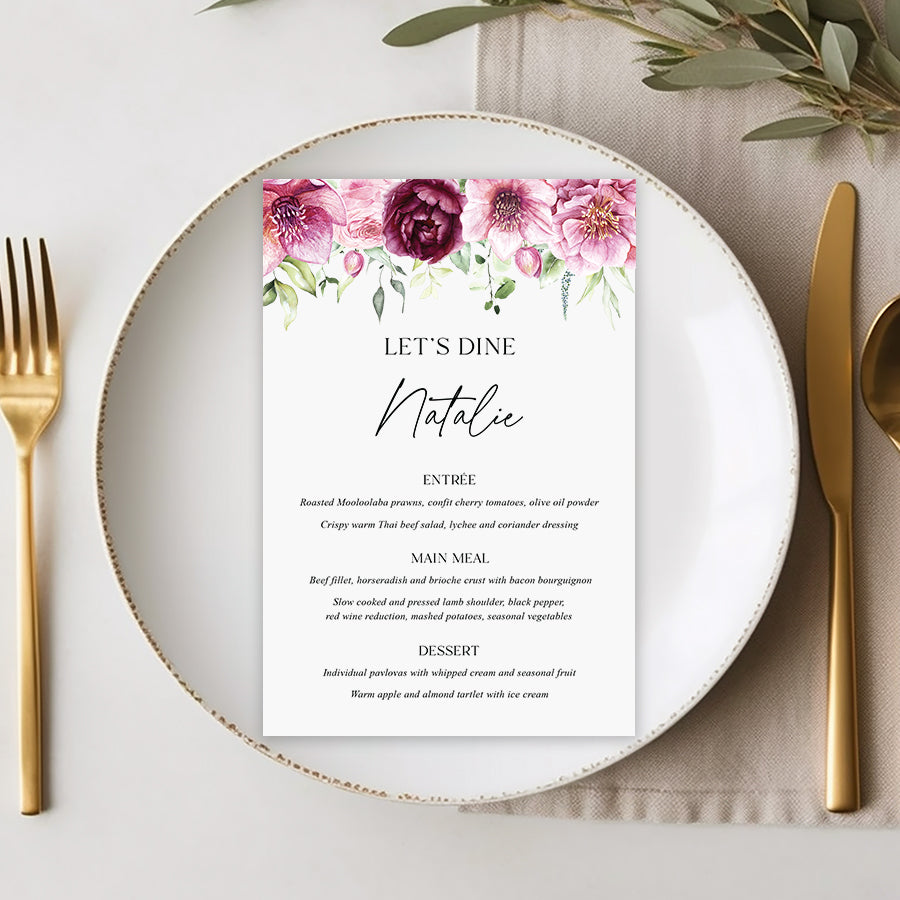 Pink floral wedding or baptism menu on white cardstock with greenery and individual guest names printed. Designed and printed in Australia.