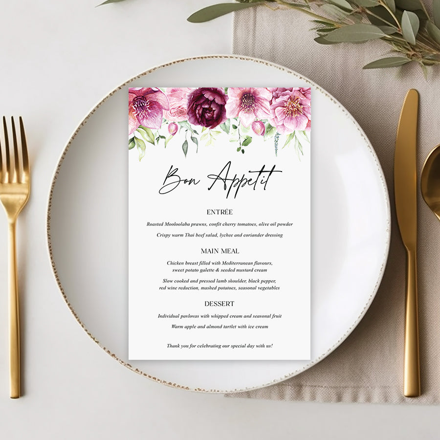 Pink floral wedding or baptism menu on white cardstock with greenery and Bon Appetit heading. Designed and printed in Australia.