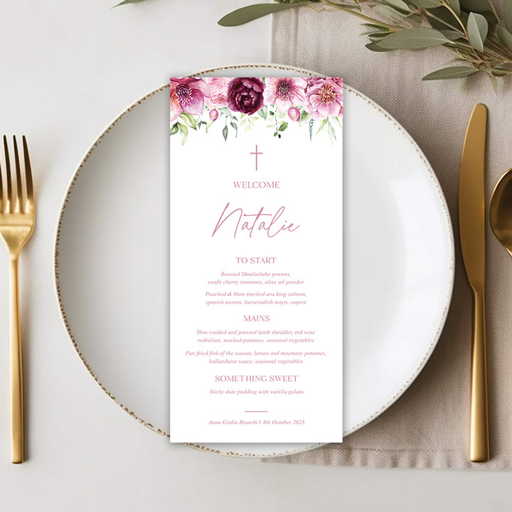 Pink floral baptism or christening menu on white cardstock with greenery and catholic cross. Designed and printed in Australia.