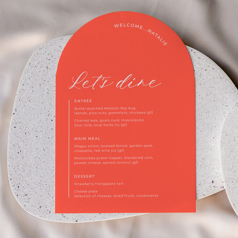 Modern wedding event menu die cut to arch shape. Guest name printing. Printed in Australia on bright Cayenne card white ink.