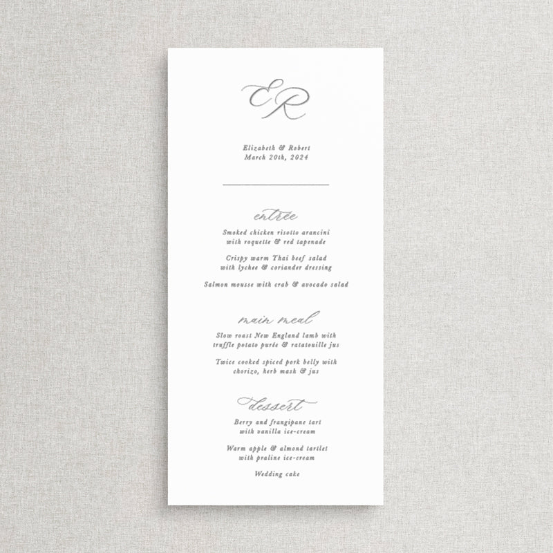 Formal wedding menu design with guest names printing.White card and grey calligraphy text. Peach Perfect Stationery Australia.