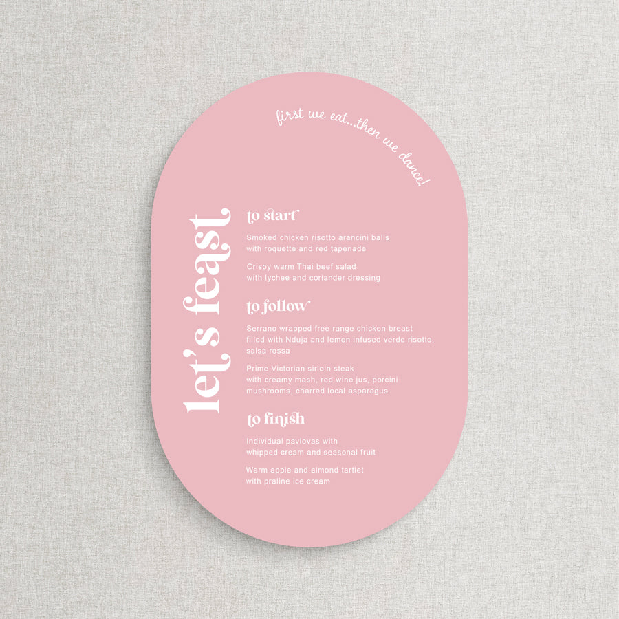 Retro double arch die cut wedding or Baptism menu in pink and white. First we eat then we dance heading. Peach Perfect Australia.