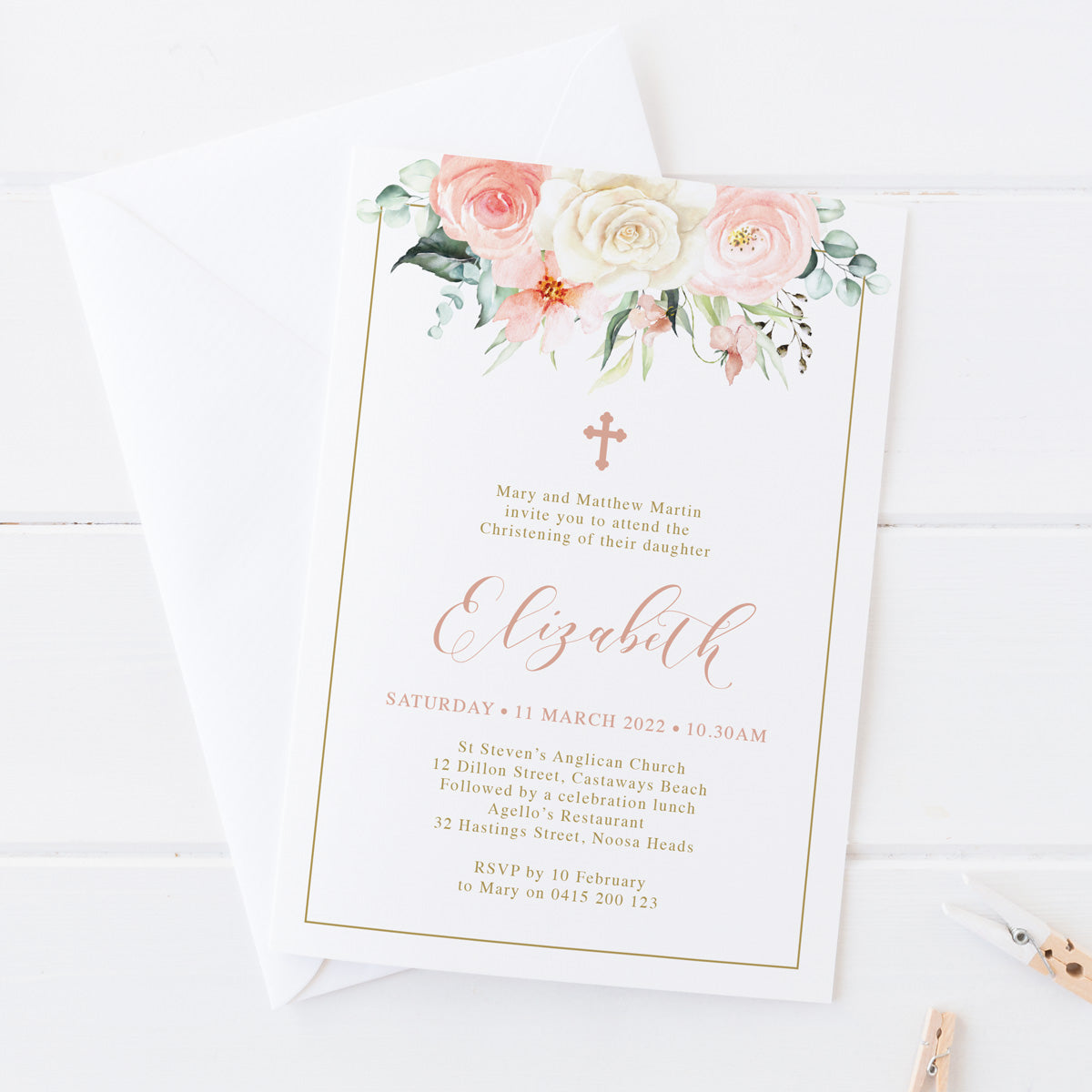 Rose gold best sale christening invitations