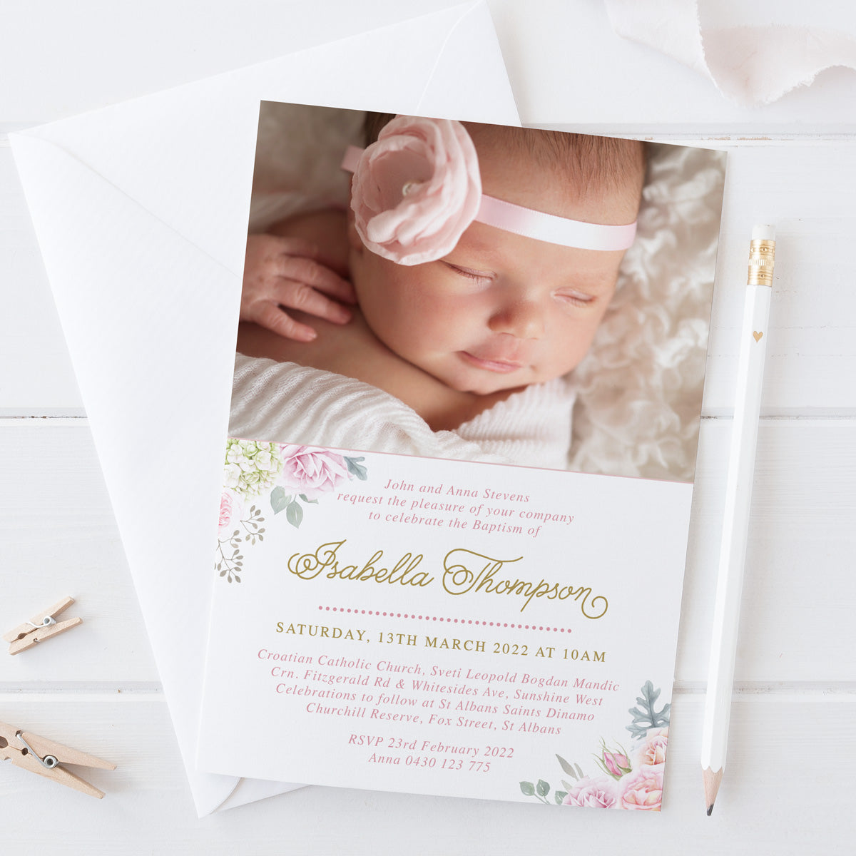 Gold Flower Girl Baptism Invitations – Peach Perfect Stationery