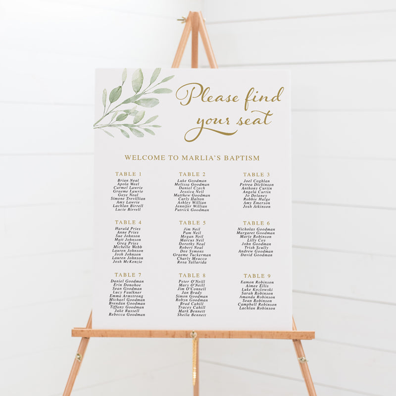 Marlia Baptism Seating Chart, Leafy Foliage – Peach Perfect Stationery